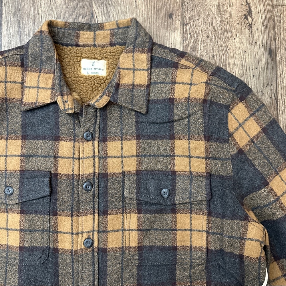 Mutual Weave Flannel Shirt Sherpa Lined Shacket Men’s Sz XL Plaid Charcoal Check